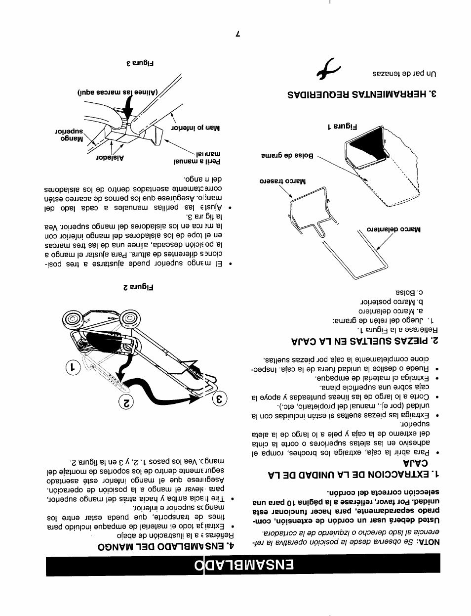 Extraccion de la unidad de la caja, Piezas sueltas en la caja, Herramientas requeridas | Ensamblado del mango, Figura 2, Ensamblad | Craftsman 247.370253 User Manual | Page 34 / 40