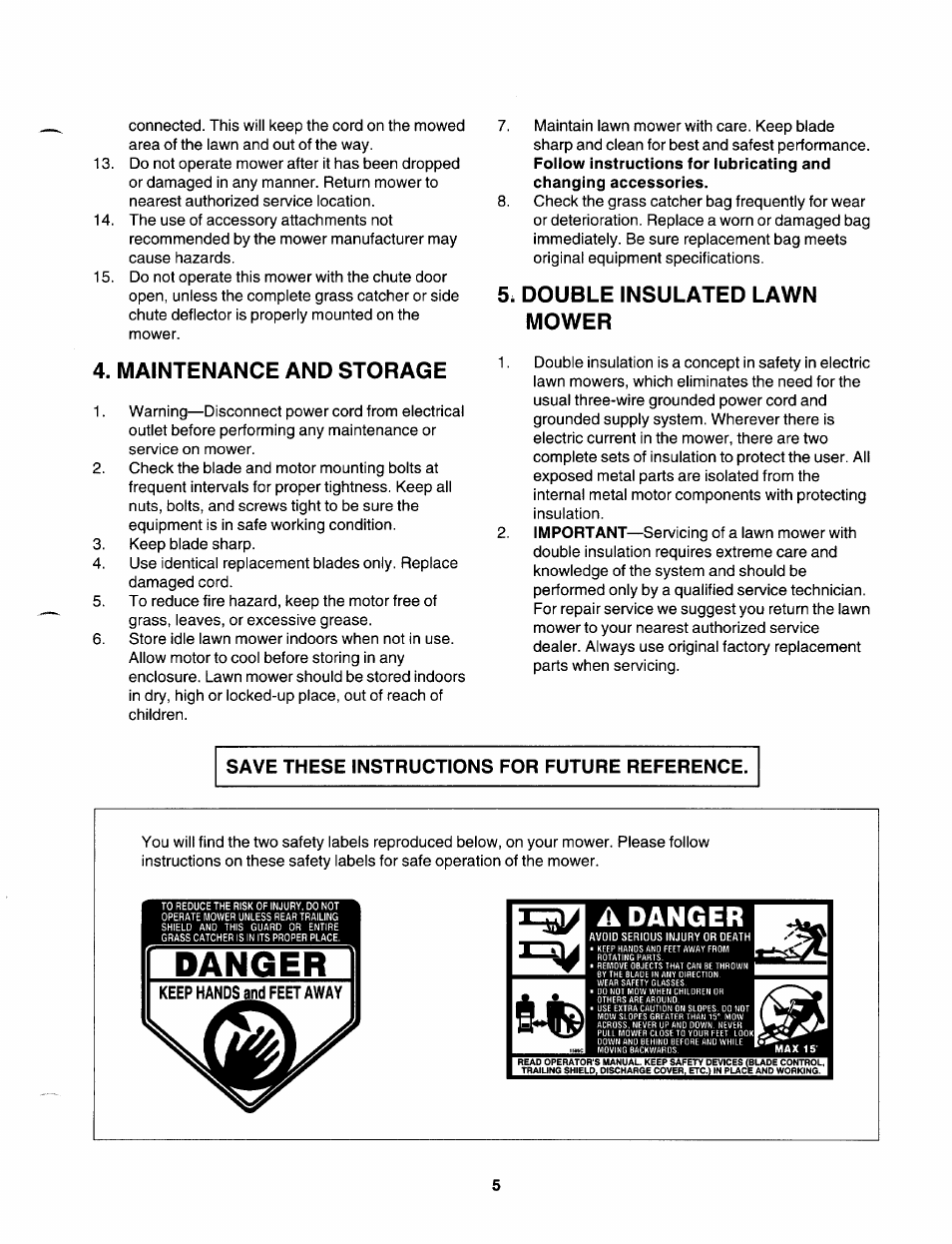 Maintenance and storage, Double insulated lawn mower, Save these instructions for future reference | A danger | Craftsman 247.370253 User Manual | Page 5 / 40