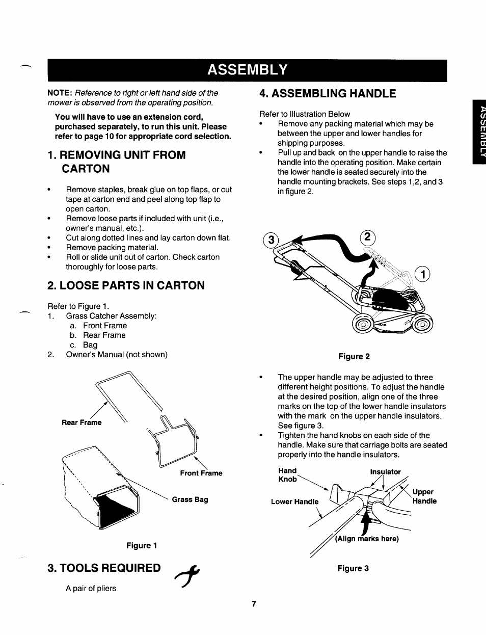Assembly, Removing unit from carton, Loose parts in carton | Tools required, Assembling handle | Craftsman 247.370253 User Manual | Page 7 / 40
