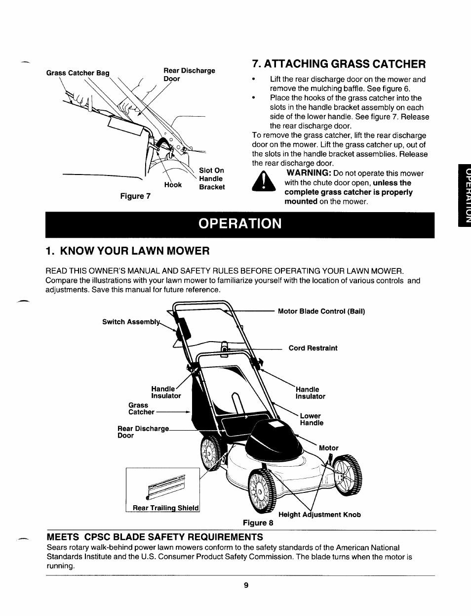 Meets cpsc blade safety requirements, Operation, Attaching grass catcher | Know your lawn mower | Craftsman 247.370253 User Manual | Page 9 / 40