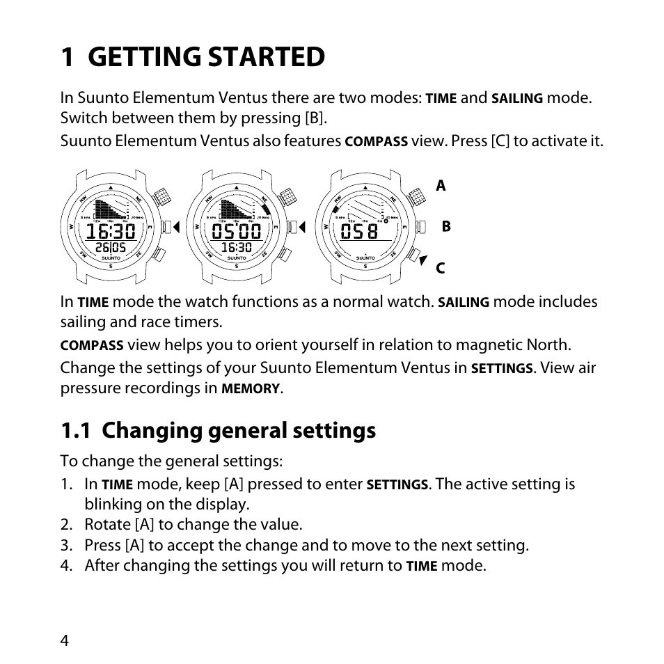 1 getting started, 1 changing general settings | SUUNTO Elementum Ventus User Manual | Page 10 / 32