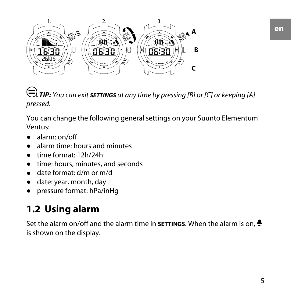 2 using alarm | SUUNTO Elementum Ventus User Manual | Page 11 / 32