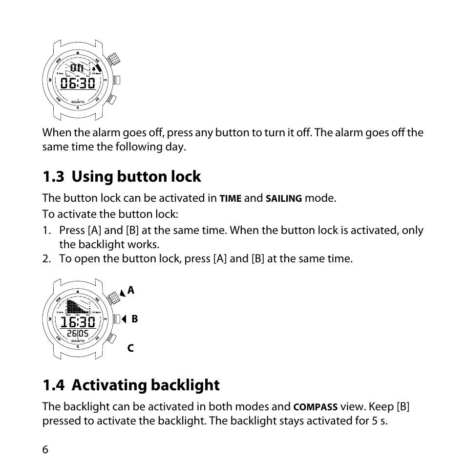 3 using button lock, 4 activating backlight, 6 1.4 activating backlight | SUUNTO Elementum Ventus User Manual | Page 12 / 32