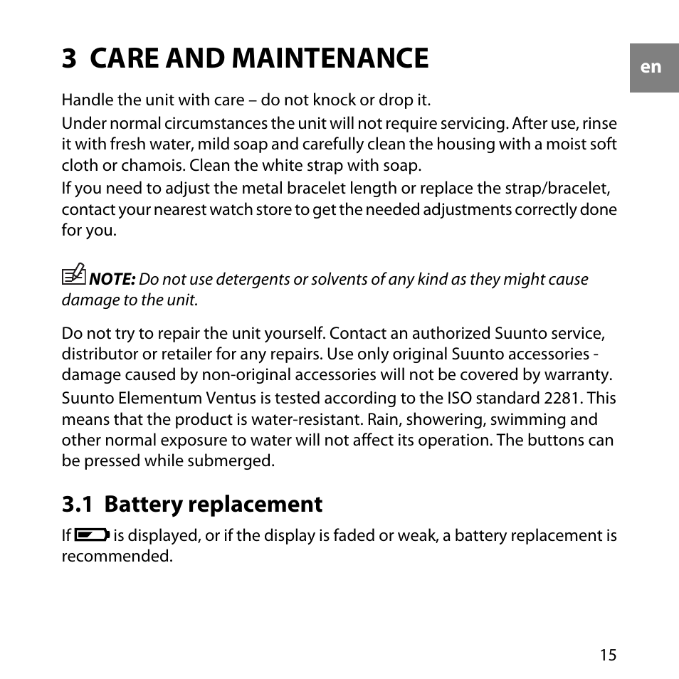 3 care and maintenance, 1 battery replacement | SUUNTO Elementum Ventus User Manual | Page 21 / 32