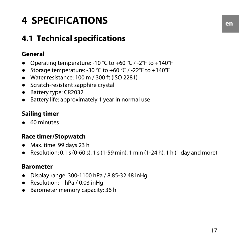 4 specifications, 1 technical specifications | SUUNTO Elementum Ventus User Manual | Page 23 / 32