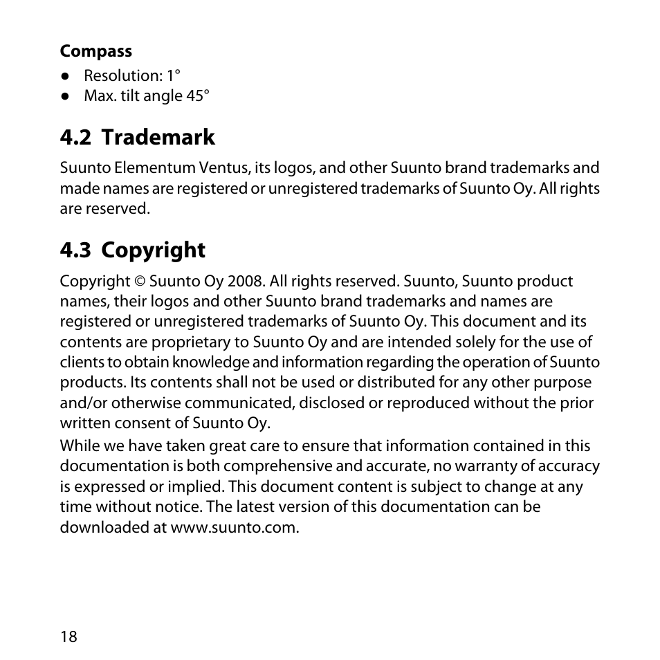 2 trademark, 3 copyright, 18 4.3 copyright | SUUNTO Elementum Ventus User Manual | Page 24 / 32