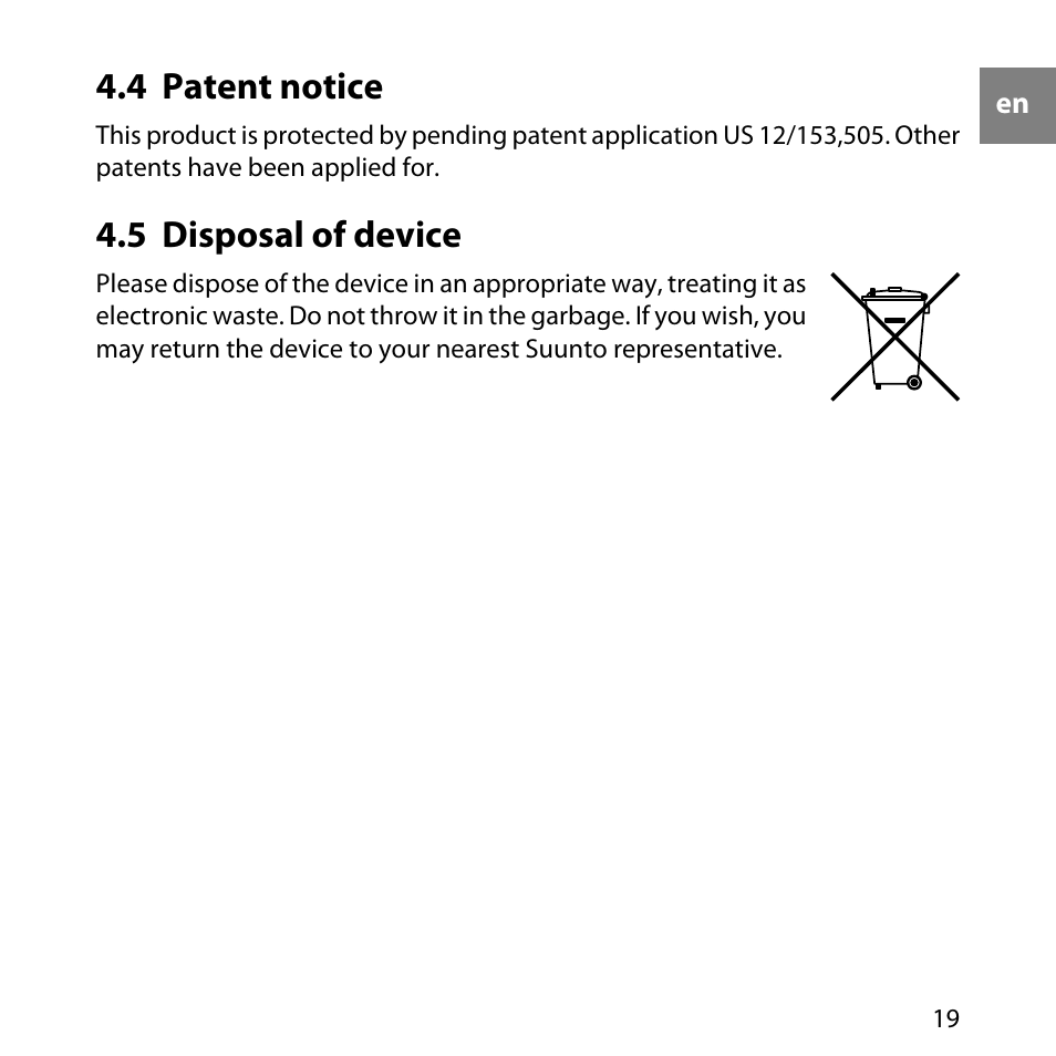 4 patent notice, 5 disposal of device, 19 4.5 disposal of device | SUUNTO Elementum Ventus User Manual | Page 25 / 32