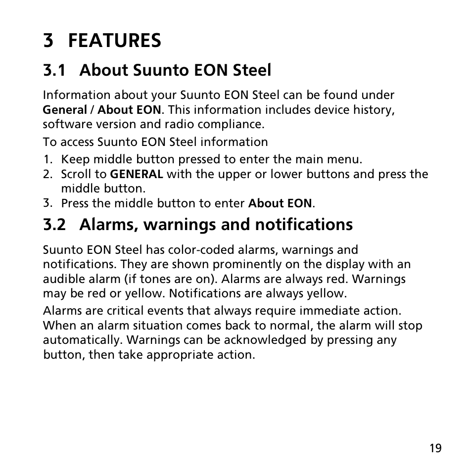 3 features, 1 about suunto eon steel, 2 alarms, warnings and notifications | SUUNTO EON STEEL User Manual | Page 19 / 78