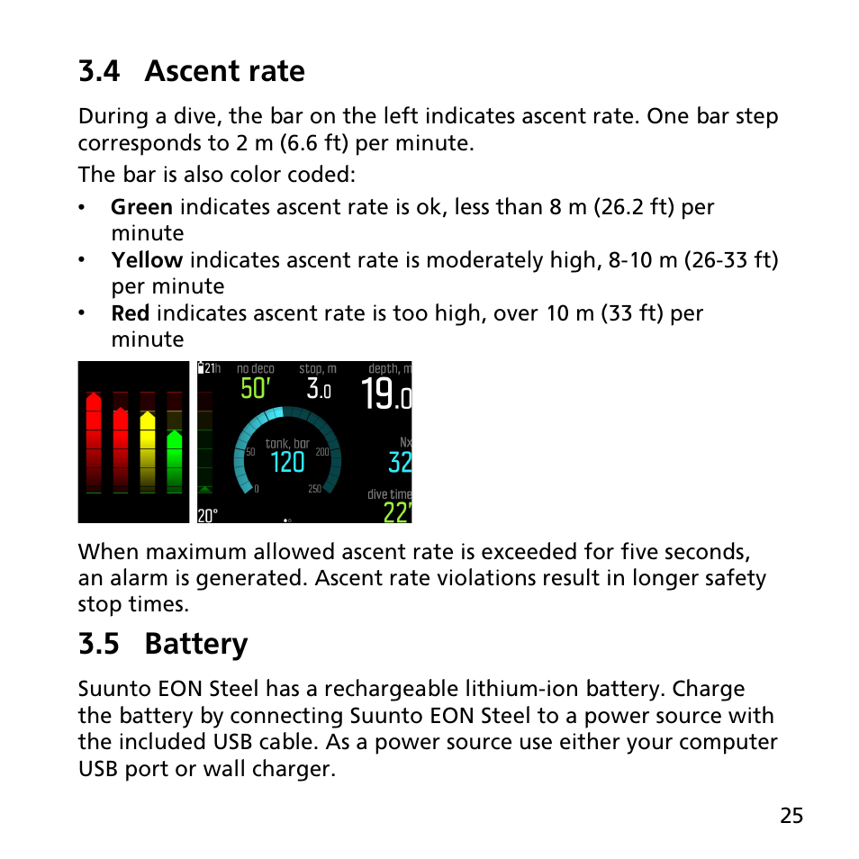 4 ascent rate, 5 battery | SUUNTO EON STEEL User Manual | Page 25 / 78