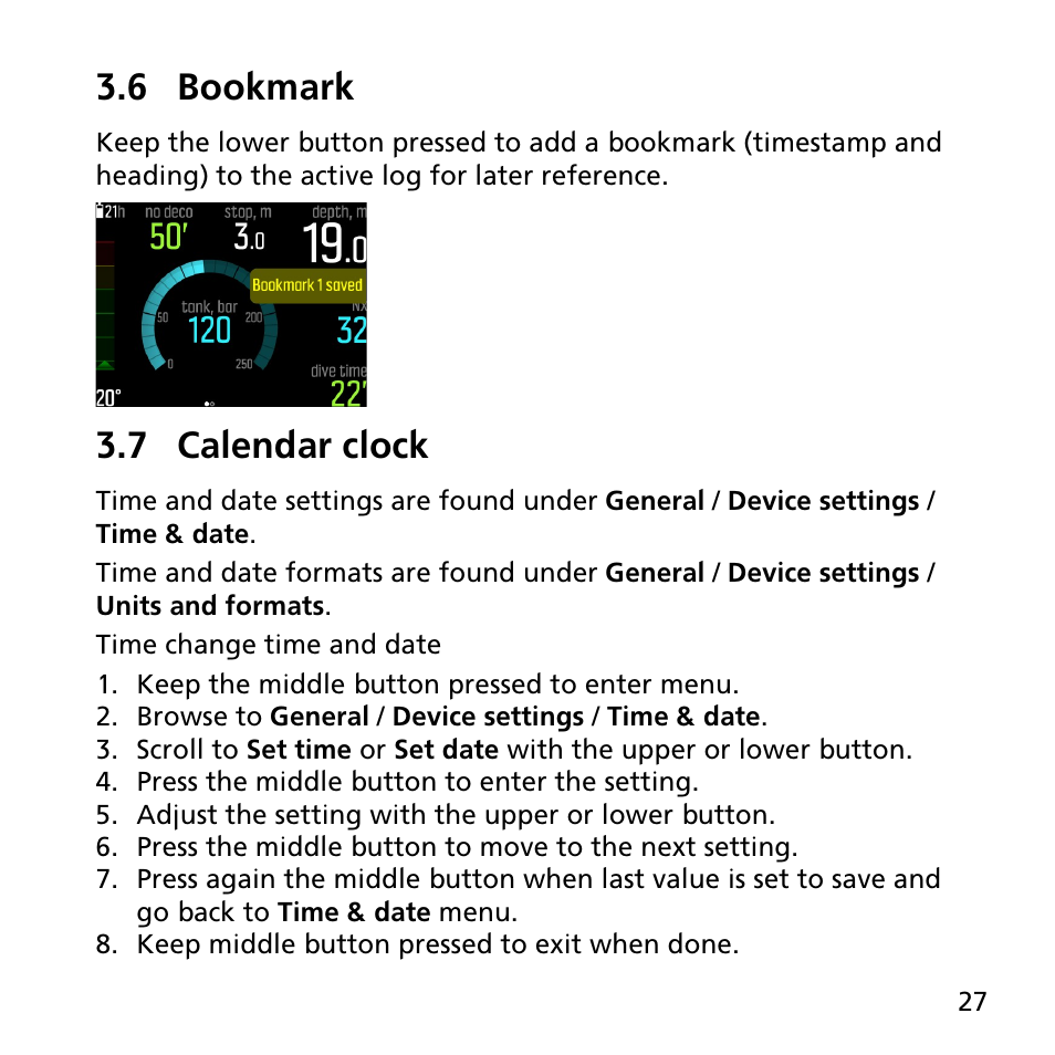 6 bookmark, 7 calendar clock | SUUNTO EON STEEL User Manual | Page 27 / 78