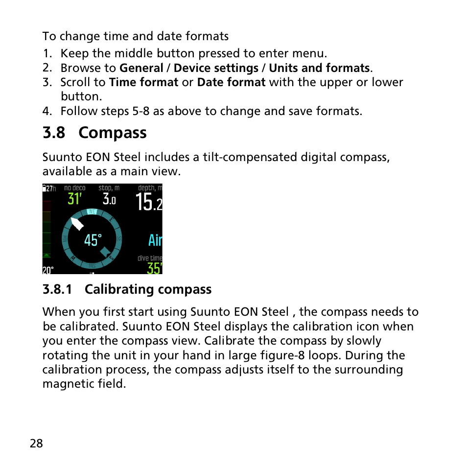 8 compass, 1 calibrating compass | SUUNTO EON STEEL User Manual | Page 28 / 78