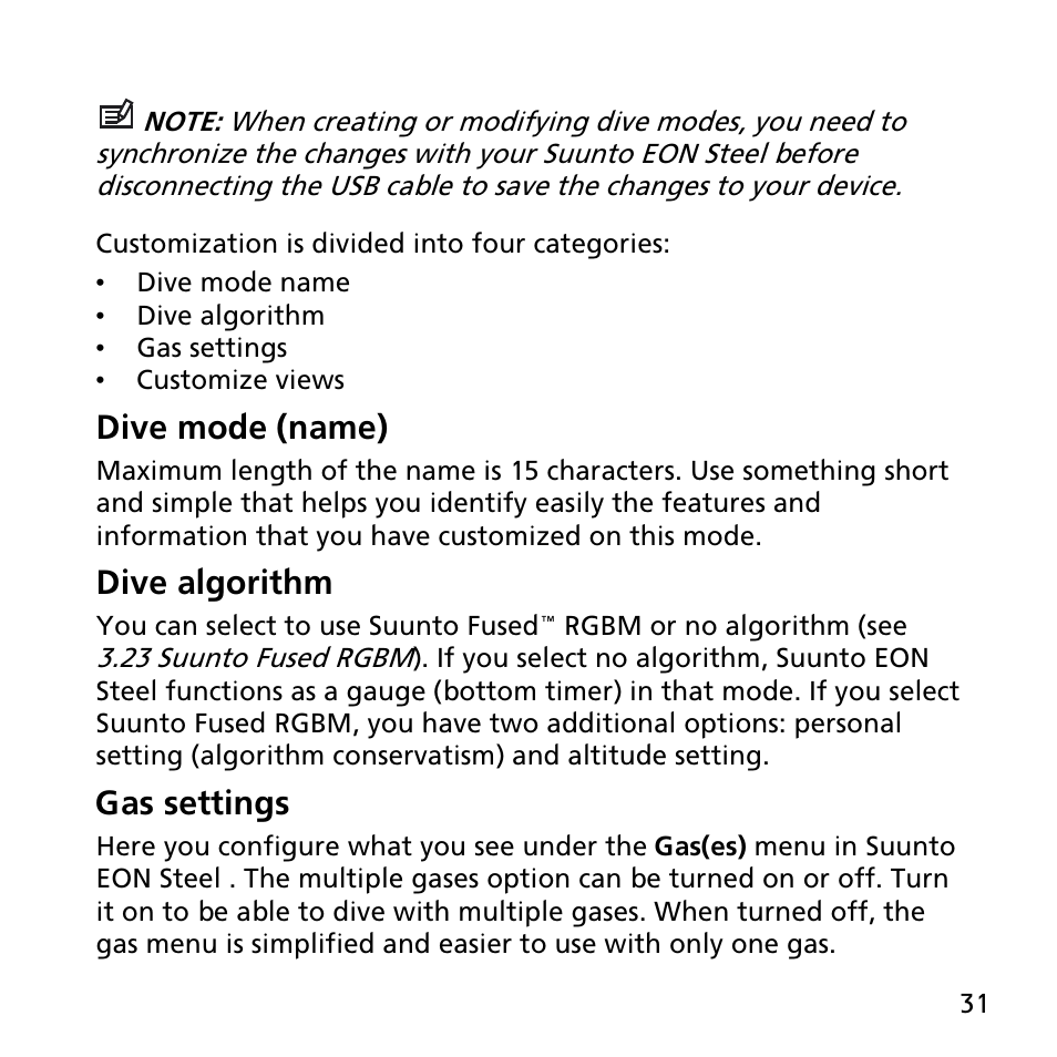 Dive mode (name), Dive algorithm, Gas settings | SUUNTO EON STEEL User Manual | Page 31 / 78