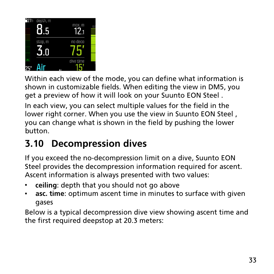 10 decompression dives | SUUNTO EON STEEL User Manual | Page 33 / 78