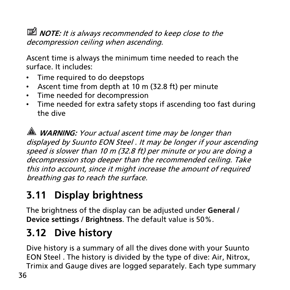 11 display brightness, 12 dive history | SUUNTO EON STEEL User Manual | Page 36 / 78