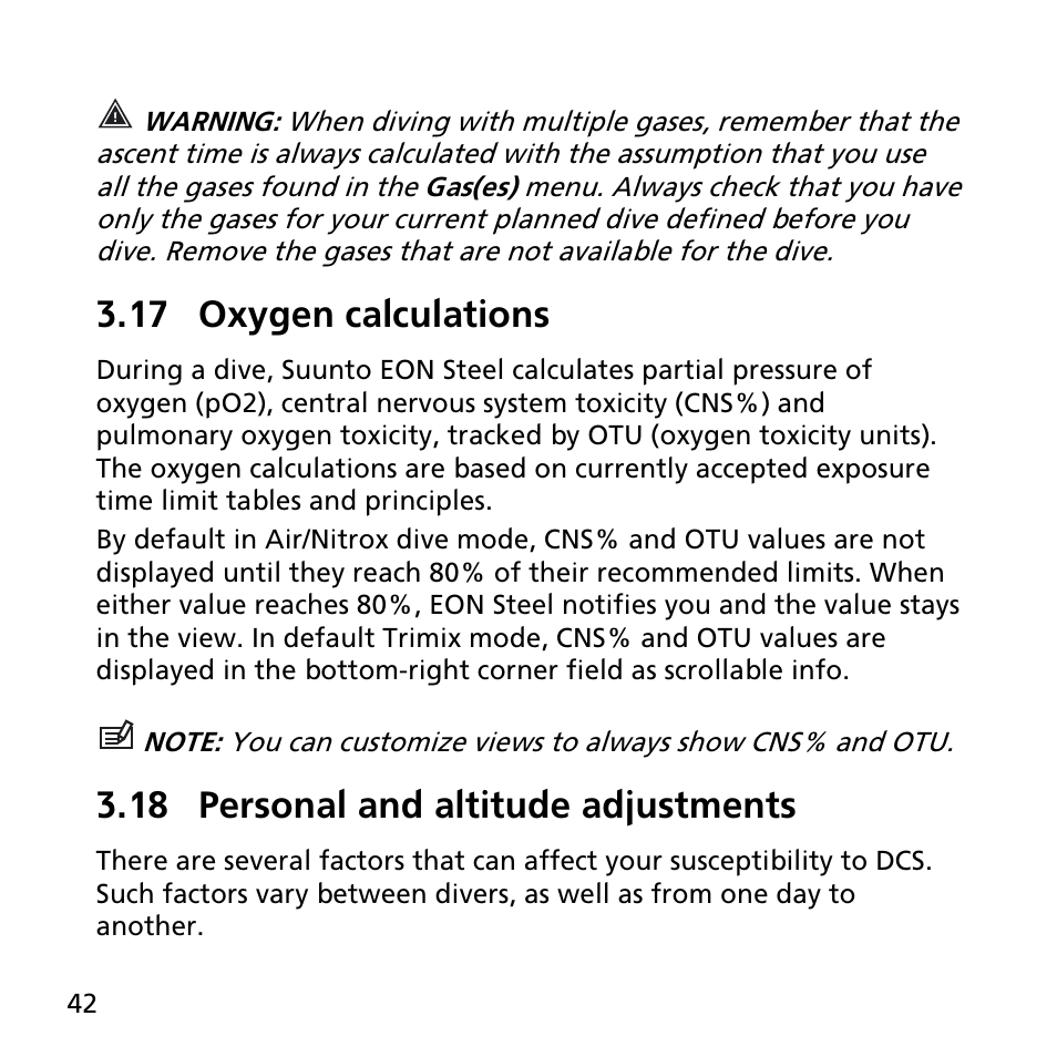 17 oxygen calculations, 18 personal and altitude adjustments | SUUNTO EON STEEL User Manual | Page 42 / 78