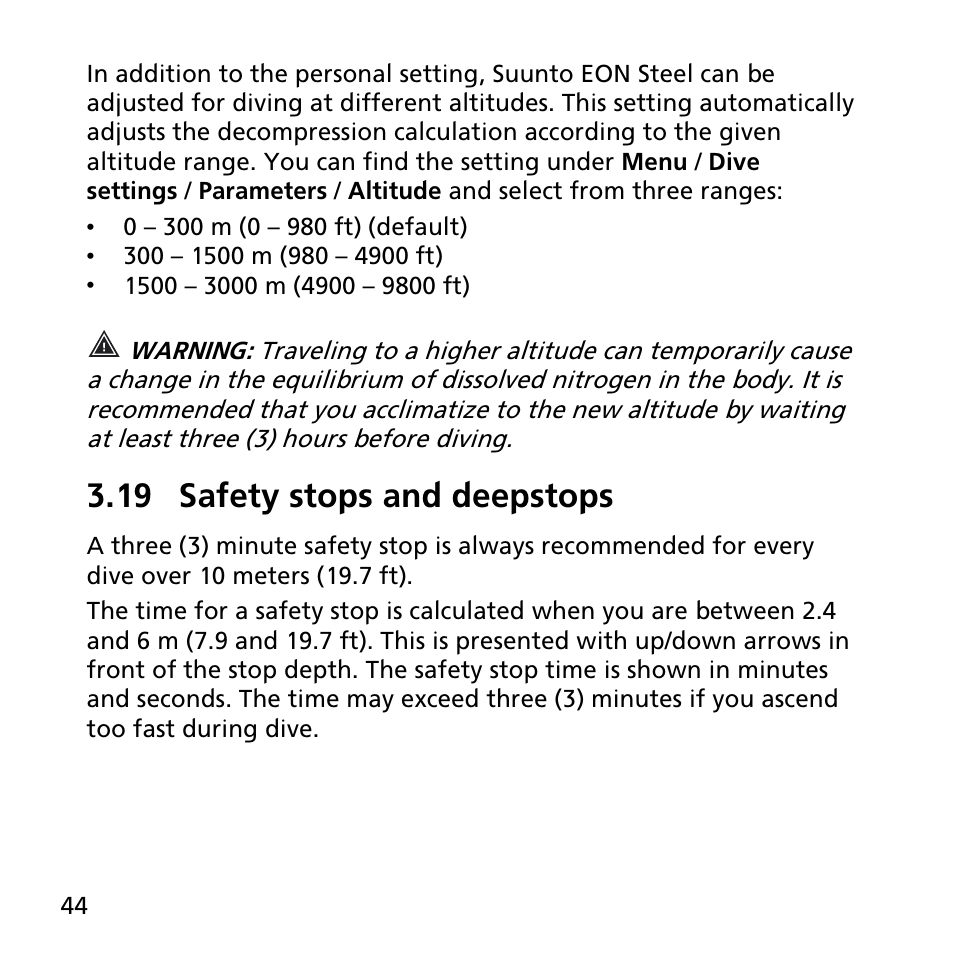 19 safety stops and deepstops | SUUNTO EON STEEL User Manual | Page 44 / 78