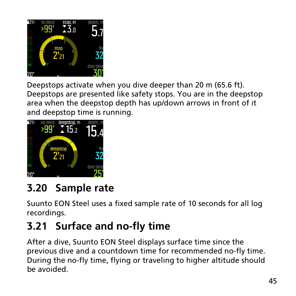 20 sample rate, 21 surface and no-fly time | SUUNTO EON STEEL User Manual | Page 45 / 78