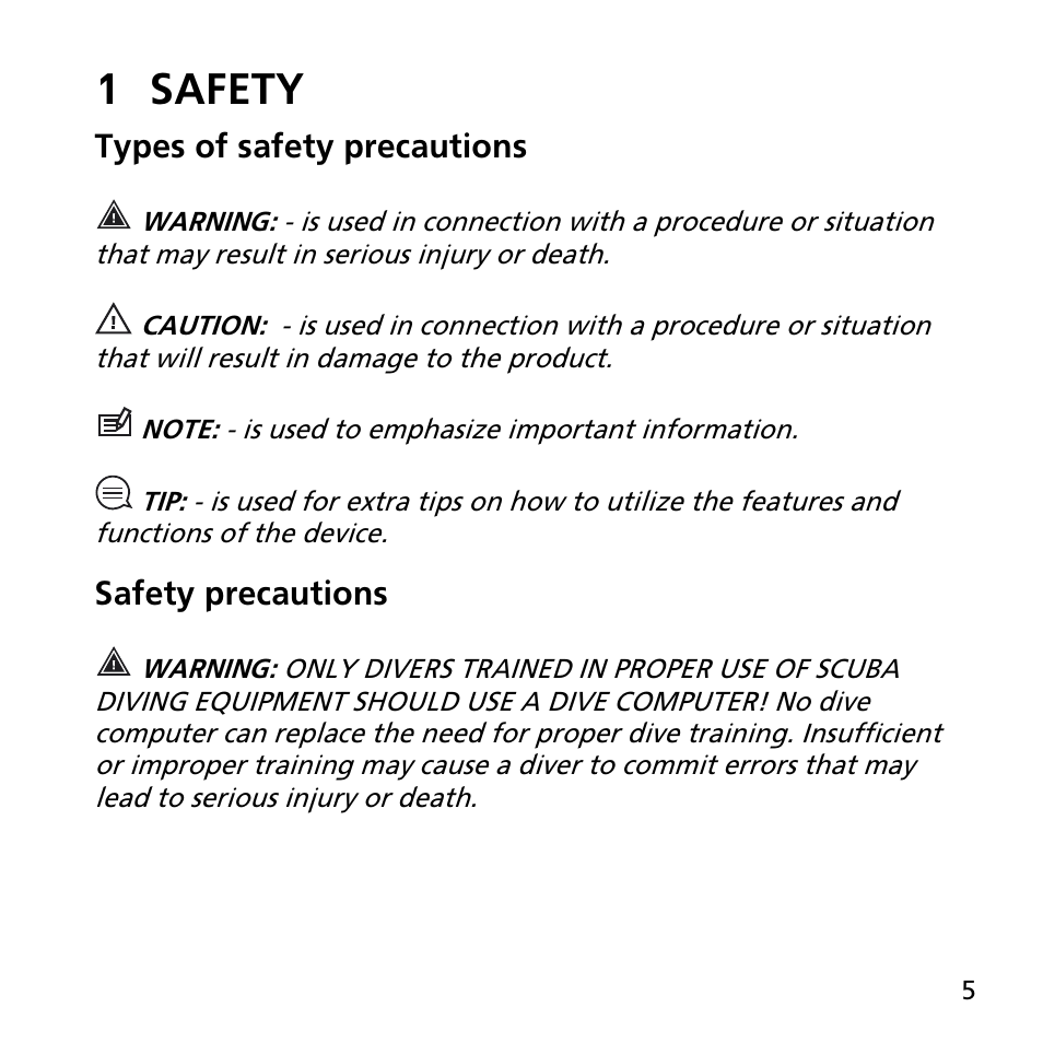 1 safety, Types of safety precautions, Safety precautions | SUUNTO EON STEEL User Manual | Page 5 / 78