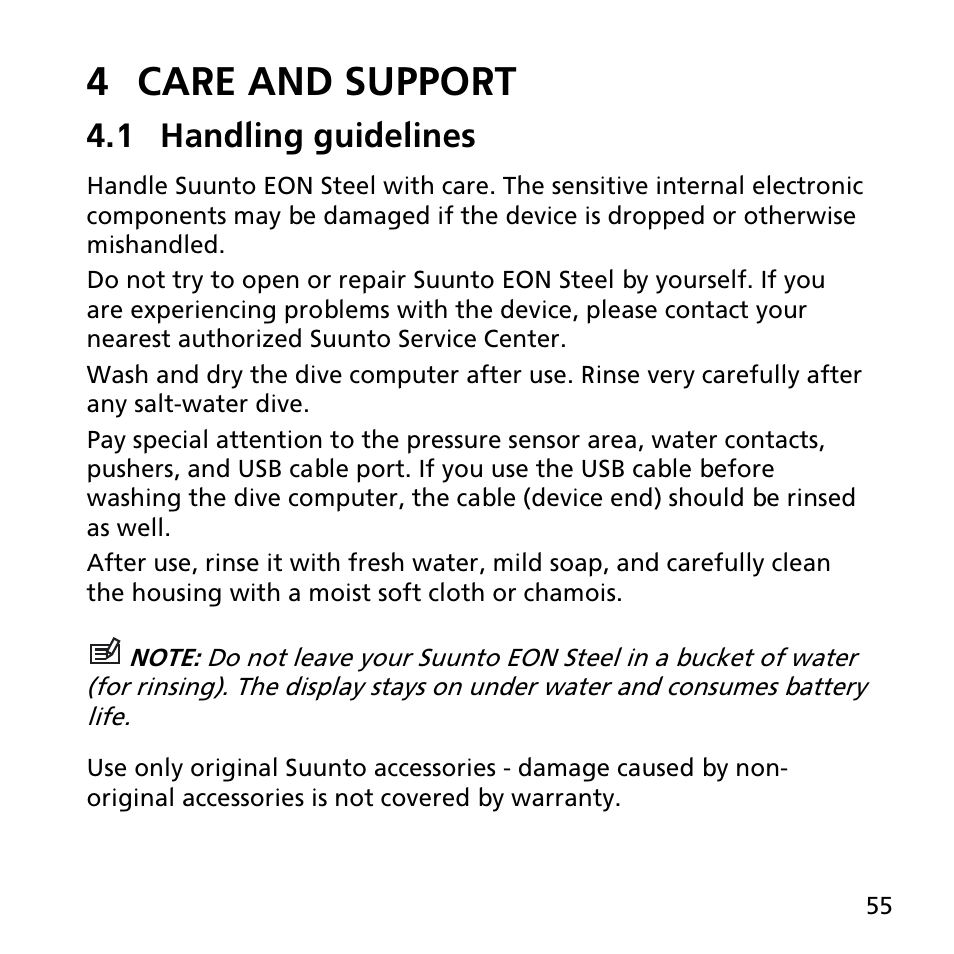 4 care and support, 1 handling guidelines | SUUNTO EON STEEL User Manual | Page 55 / 78