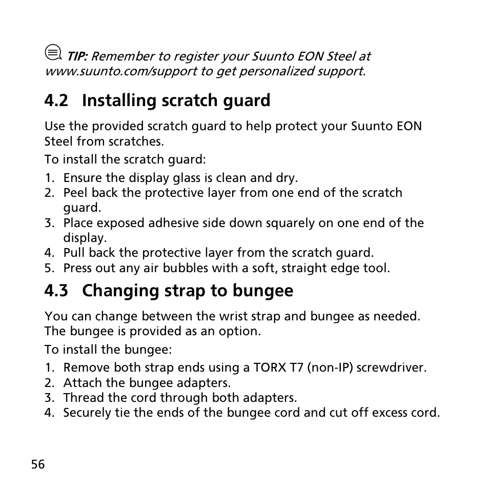 2 installing scratch guard, 3 changing strap to bungee | SUUNTO EON STEEL User Manual | Page 56 / 78