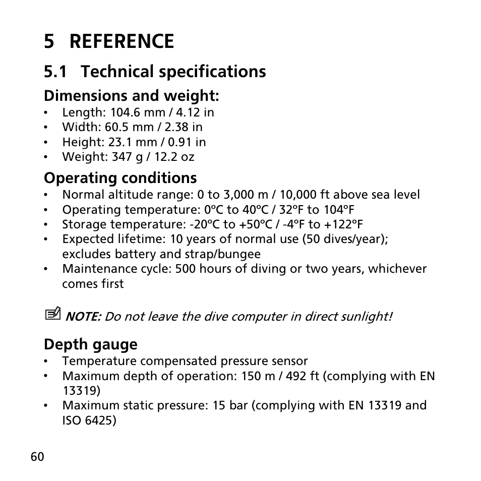 5 reference, 1 technical specifications, Dimensions and weight | Operating conditions, Depth gauge | SUUNTO EON STEEL User Manual | Page 60 / 78