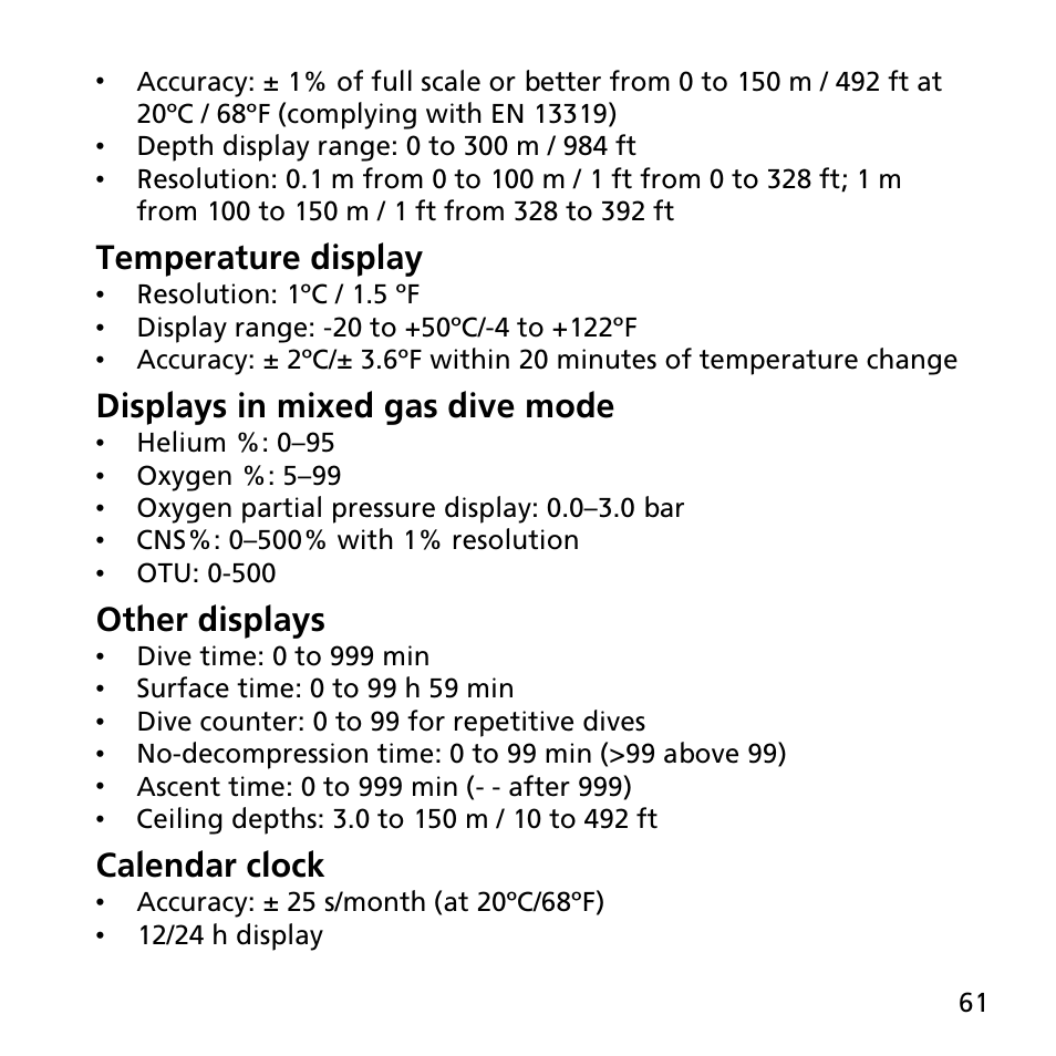 Temperature display, Displays in mixed gas dive mode, Other displays | Calendar clock | SUUNTO EON STEEL User Manual | Page 61 / 78