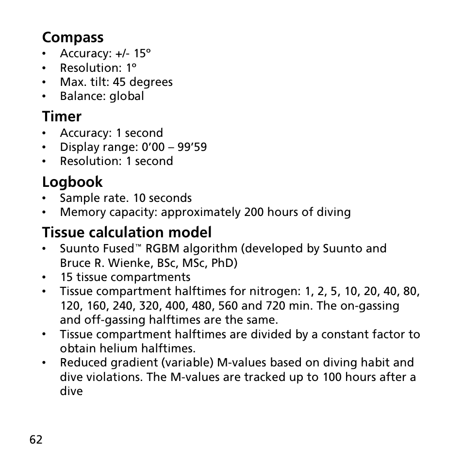 Compass, Timer, Logbook | Tissue calculation model | SUUNTO EON STEEL User Manual | Page 62 / 78