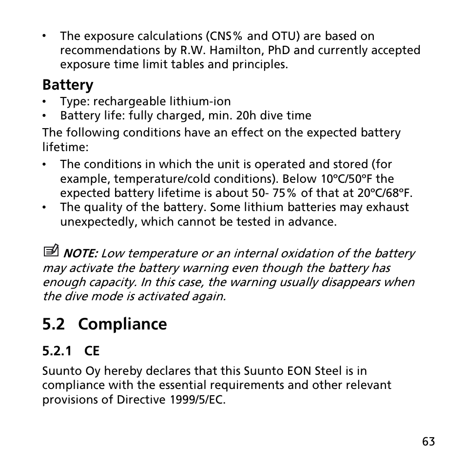 2 compliance, 1 ce, Battery | SUUNTO EON STEEL User Manual | Page 63 / 78