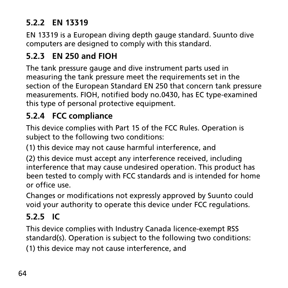 2 en 13319, 3 en 250 and fioh, 4 fcc compliance | 5 ic | SUUNTO EON STEEL User Manual | Page 64 / 78