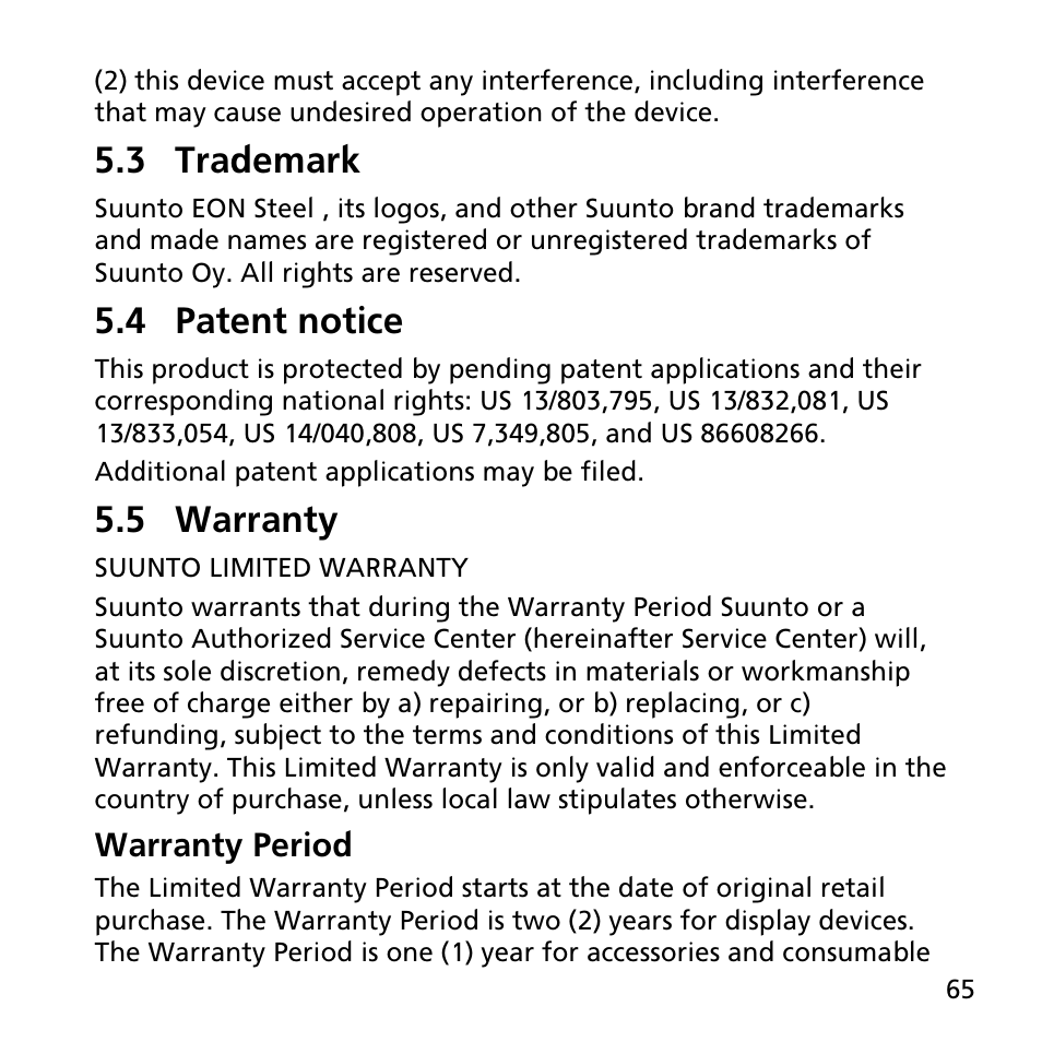 3 trademark, 4 patent notice, 5 warranty | SUUNTO EON STEEL User Manual | Page 65 / 78