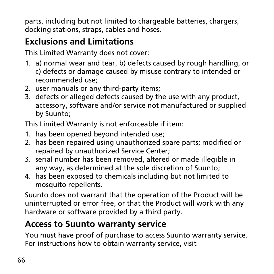 Exclusions and limitations, Access to suunto warranty service | SUUNTO EON STEEL User Manual | Page 66 / 78