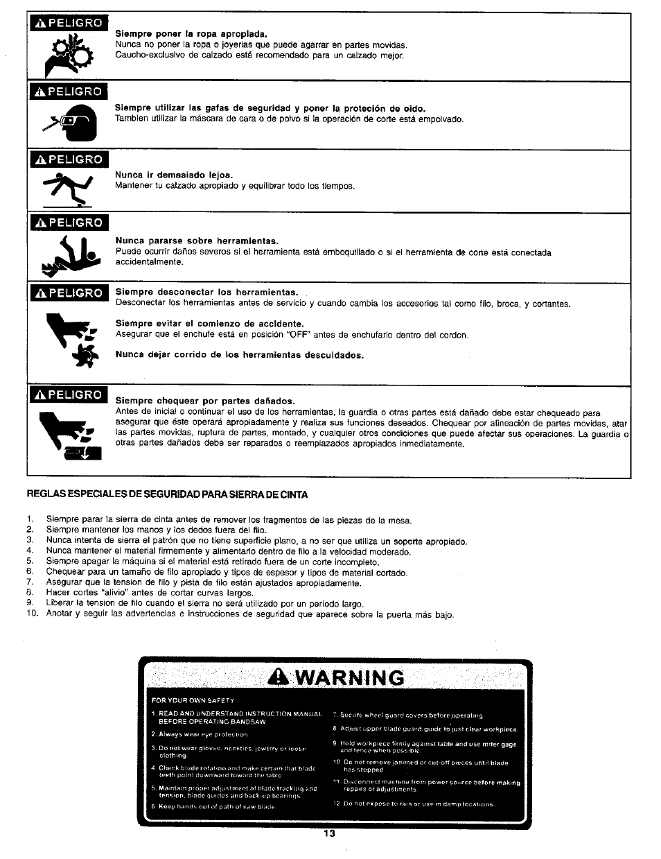 Apeligro, A peligro, Arnjng | Craftsman 119.214000 User Manual | Page 13 / 20