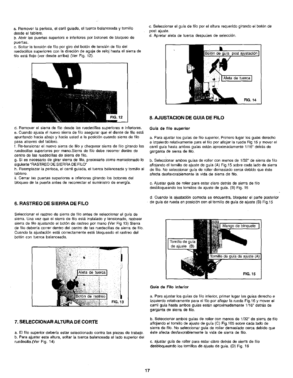 Ajustacion de guia de filo, Rastreo de sierra de filo, Seleccionar altura de corte | 8 . ajustacion de guia de filo, 6 . rastreo de sierra de filo | Craftsman 119.214000 User Manual | Page 17 / 20