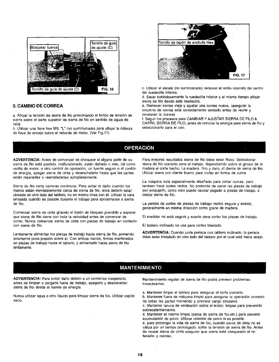 Cambio de correa, Mantenimiento | Craftsman 119.214000 User Manual | Page 18 / 20