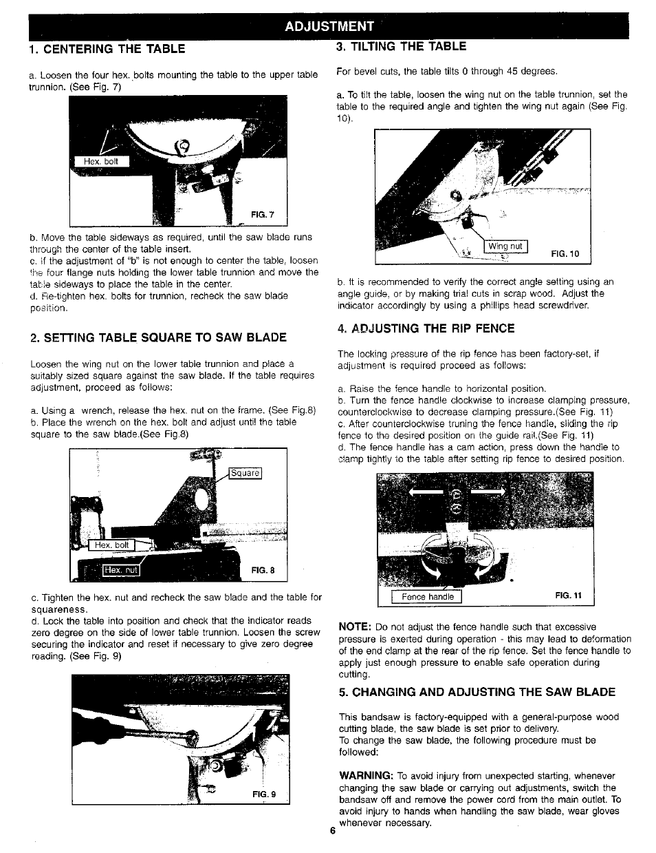 Centering the table, Tilting the table, Setting table square to saw blade | Adjusting the rip fence, Changing and adjusting the saw blade | Craftsman 119.214000 User Manual | Page 6 / 20