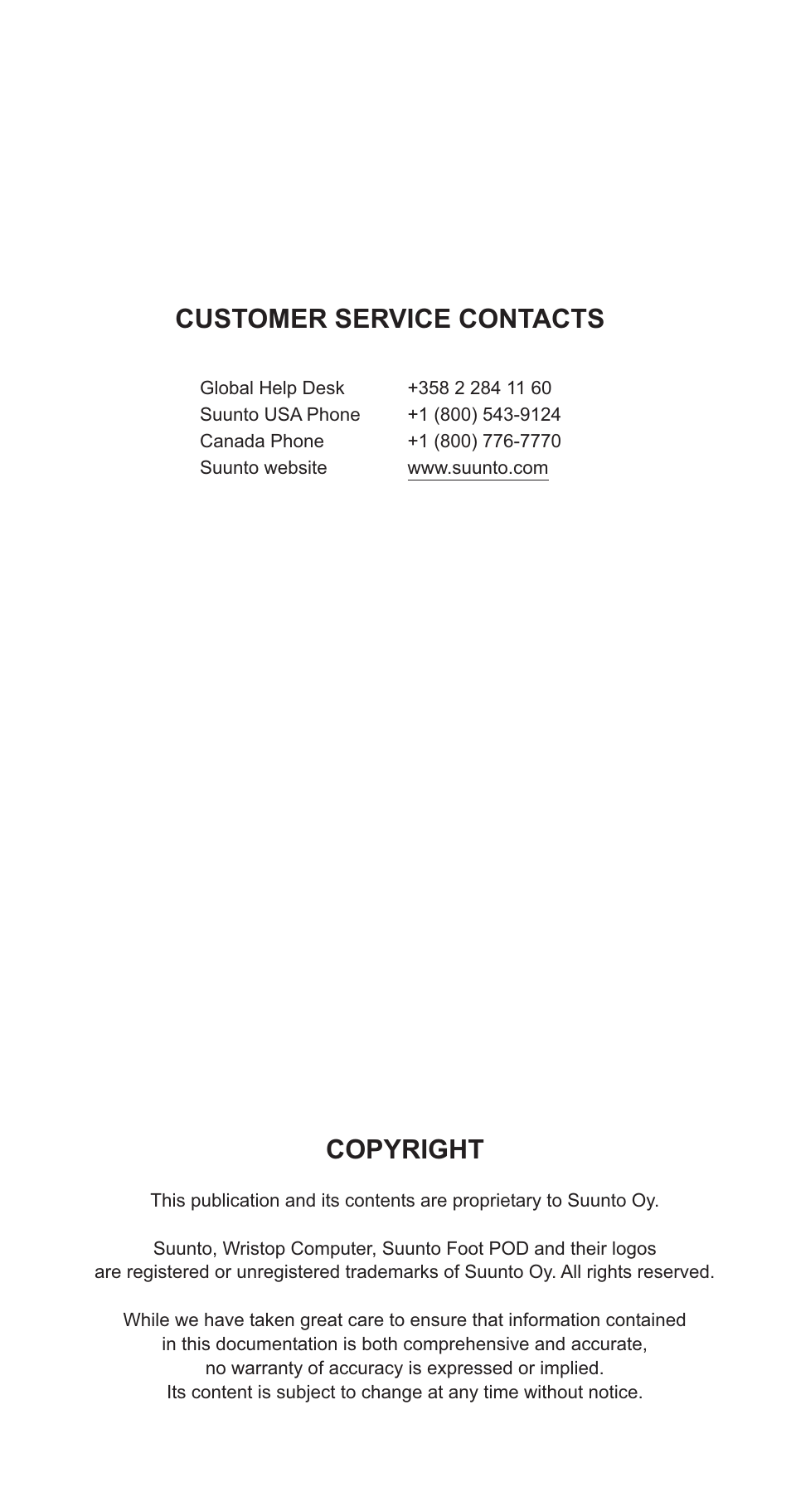 Customer service contacts, Copyright | SUUNTO FOOT POD User Manual | Page 2 / 8