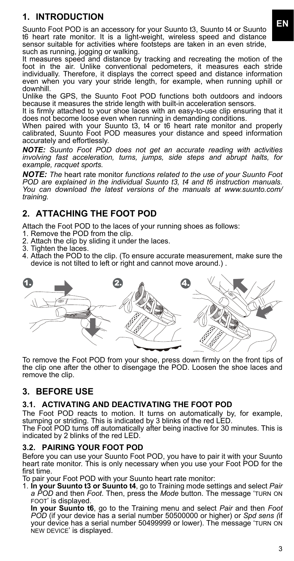 Introduction, Attaching the foot pod, Before use | Activating and deactivating the foot pod, Pairing your foot pod | SUUNTO FOOT POD User Manual | Page 3 / 8