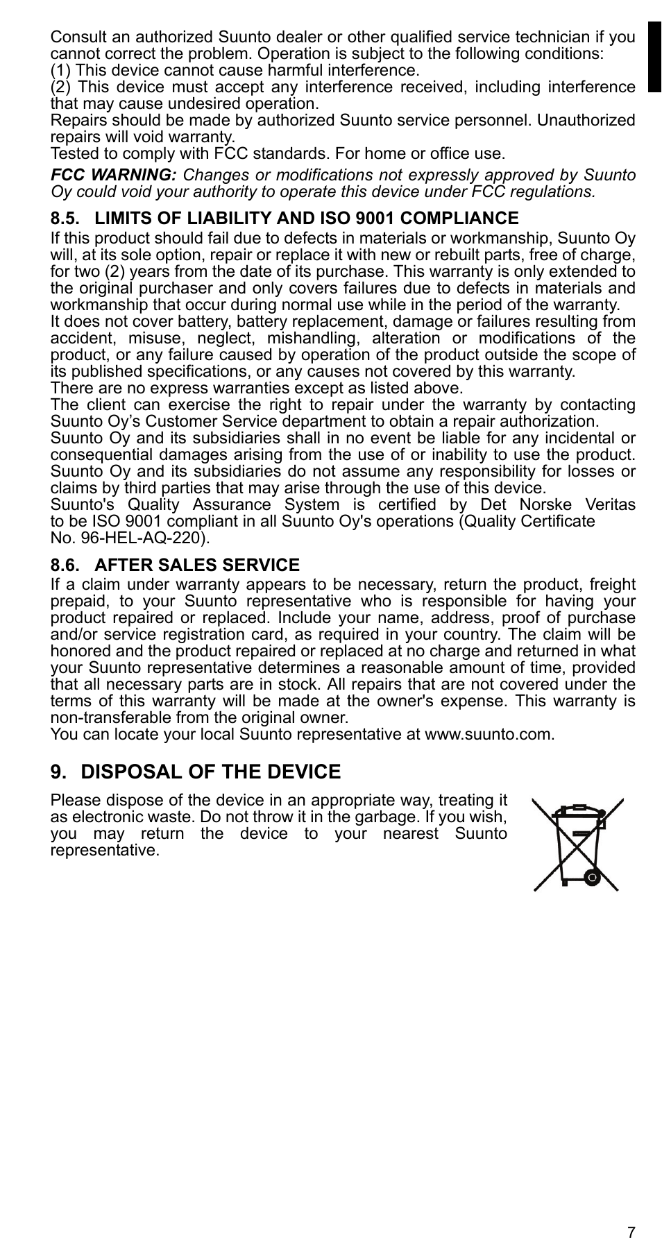 Limits of liability and iso 9001 compliance, After sales service, Disposal of the device | SUUNTO FOOT POD User Manual | Page 7 / 8