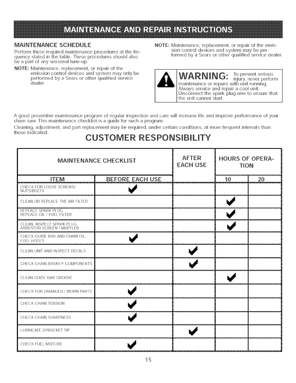 Warning, Customer responsibility, Maintenance schedule | Maintenance checklist 1 after, Each use, Hours of opera, Tion, 1 ^ i | Craftsman 316.350840 User Manual | Page 15 / 28