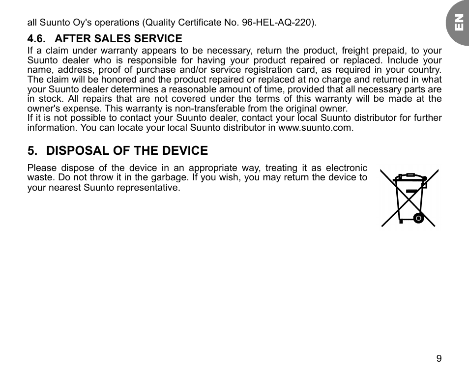 Disposal of the device | SUUNTO GPS POD User Manual | Page 11 / 84