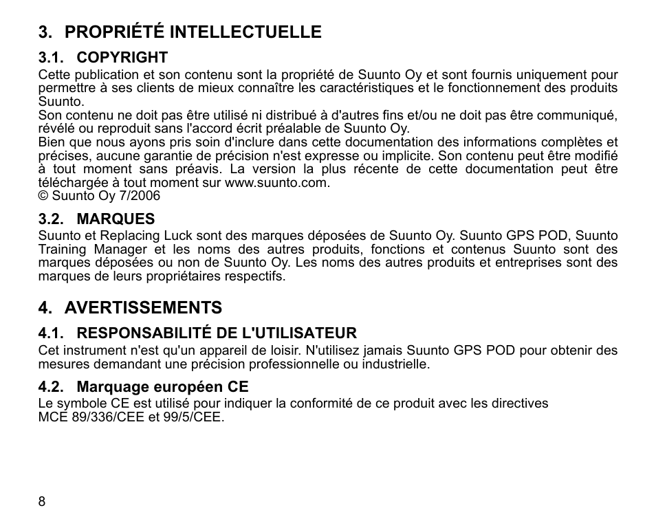 Propriété intellectuelle, Avertissements | SUUNTO GPS POD User Manual | Page 19 / 84