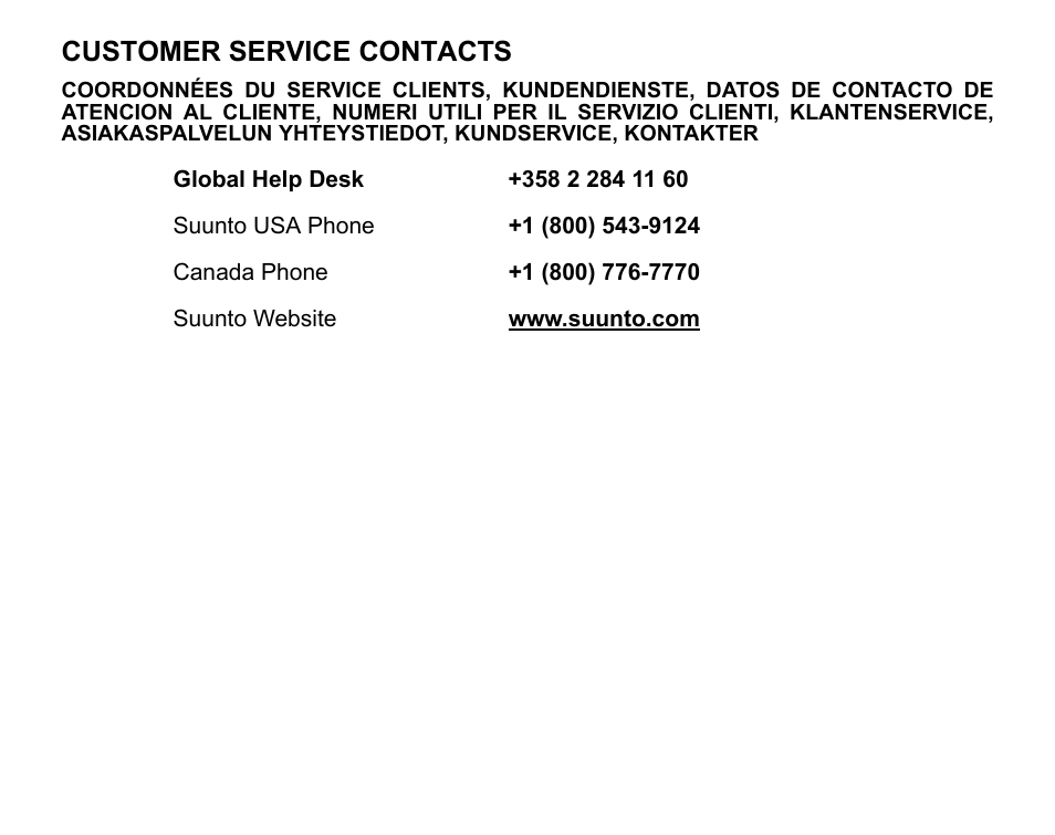 Customer service contacts | SUUNTO GPS POD User Manual | Page 2 / 84