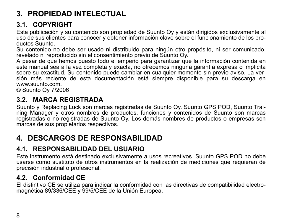 Propiedad intelectual, Descargos de responsabilidad | SUUNTO GPS POD User Manual | Page 40 / 84