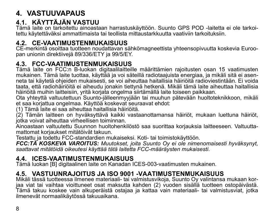 Vastuuvapaus | SUUNTO GPS POD User Manual | Page 70 / 84