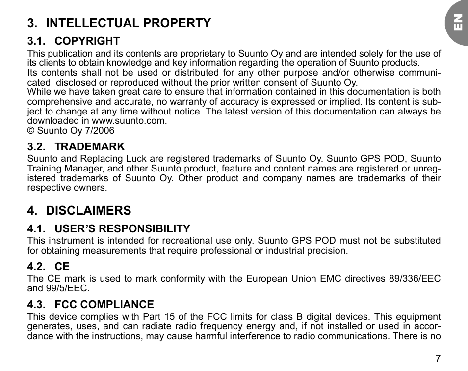 Intellectual property, Disclaimers | SUUNTO GPS POD User Manual | Page 9 / 84