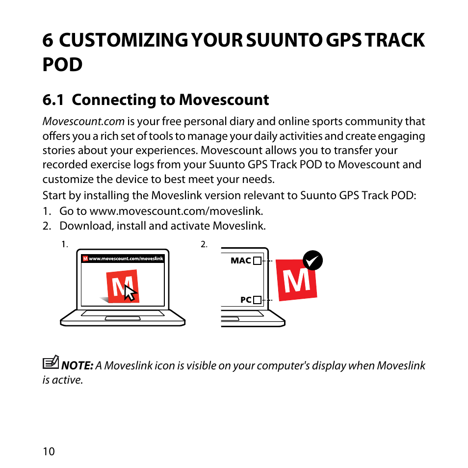 6 customizing your suunto gps track pod, 1 connecting to movescount | SUUNTO GPS TRACK POD User Manual | Page 10 / 32