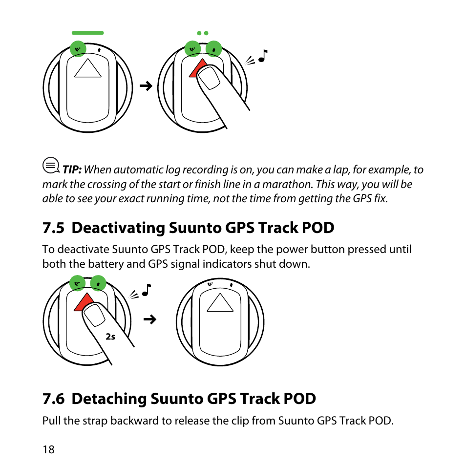 5 deactivating suunto gps track pod, 6 detaching suunto gps track pod, 18 7.6 detaching suunto gps track pod | SUUNTO GPS TRACK POD User Manual | Page 18 / 32