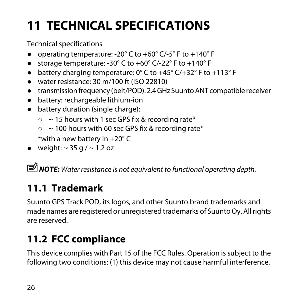 11 technical specifications, 1 trademark, 2 fcc compliance | 26 11.2 fcc compliance | SUUNTO GPS TRACK POD User Manual | Page 26 / 32