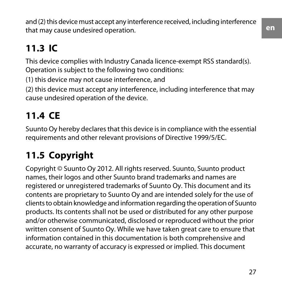 3 ic, 4 ce, 5 copyright | 27 11.5 copyright | SUUNTO GPS TRACK POD User Manual | Page 27 / 32