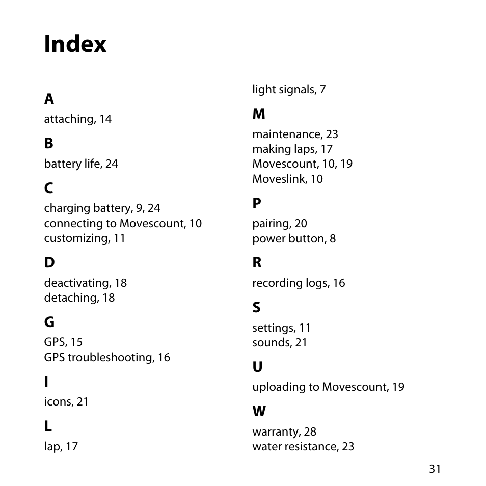 Index | SUUNTO GPS TRACK POD User Manual | Page 31 / 32